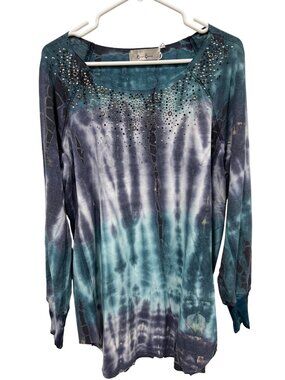 Cover Charge Tunic Top XL Studded Tie Dye Long Sleeve Tee Blue Gray Cozy Relaxed